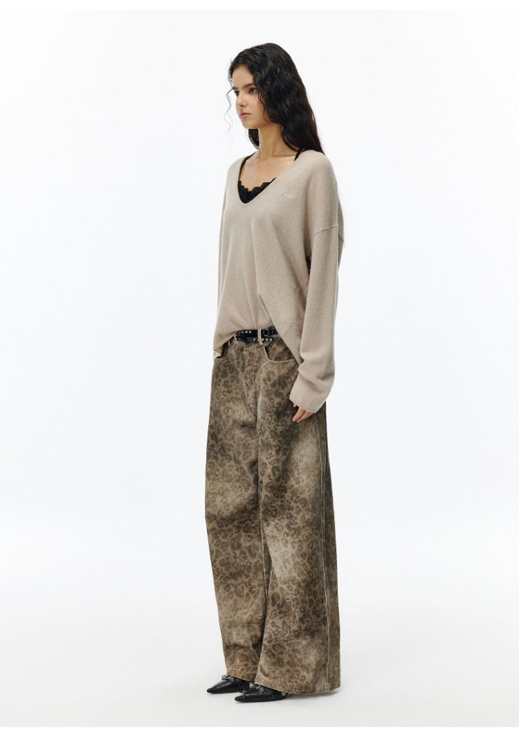 Leopard print wash wide leg jeans