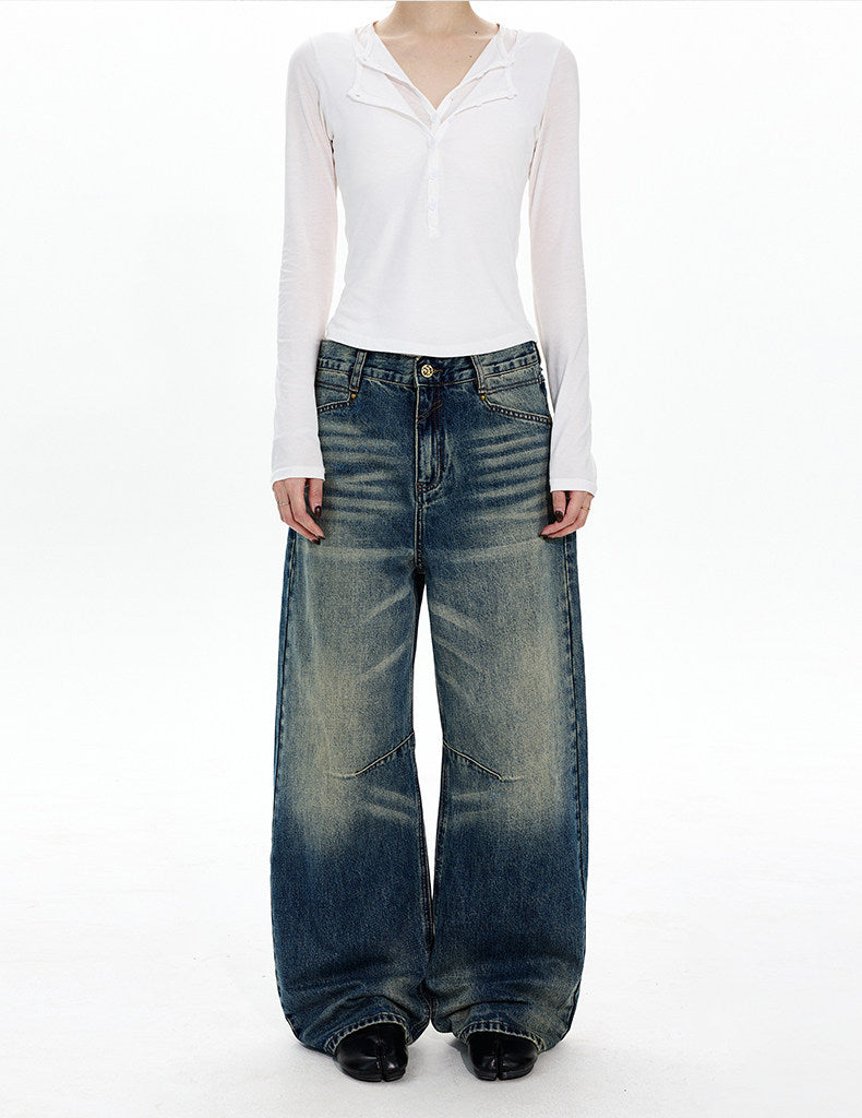 Deconstructed Washed Wide-Leg Jeans