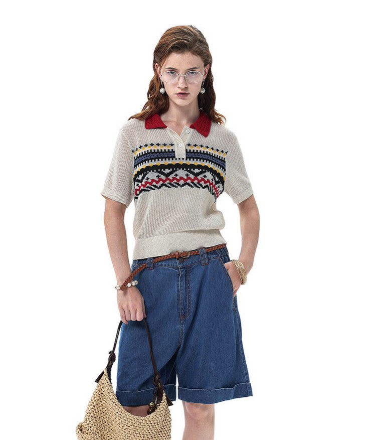 College-Style Polo-Collar Sweater