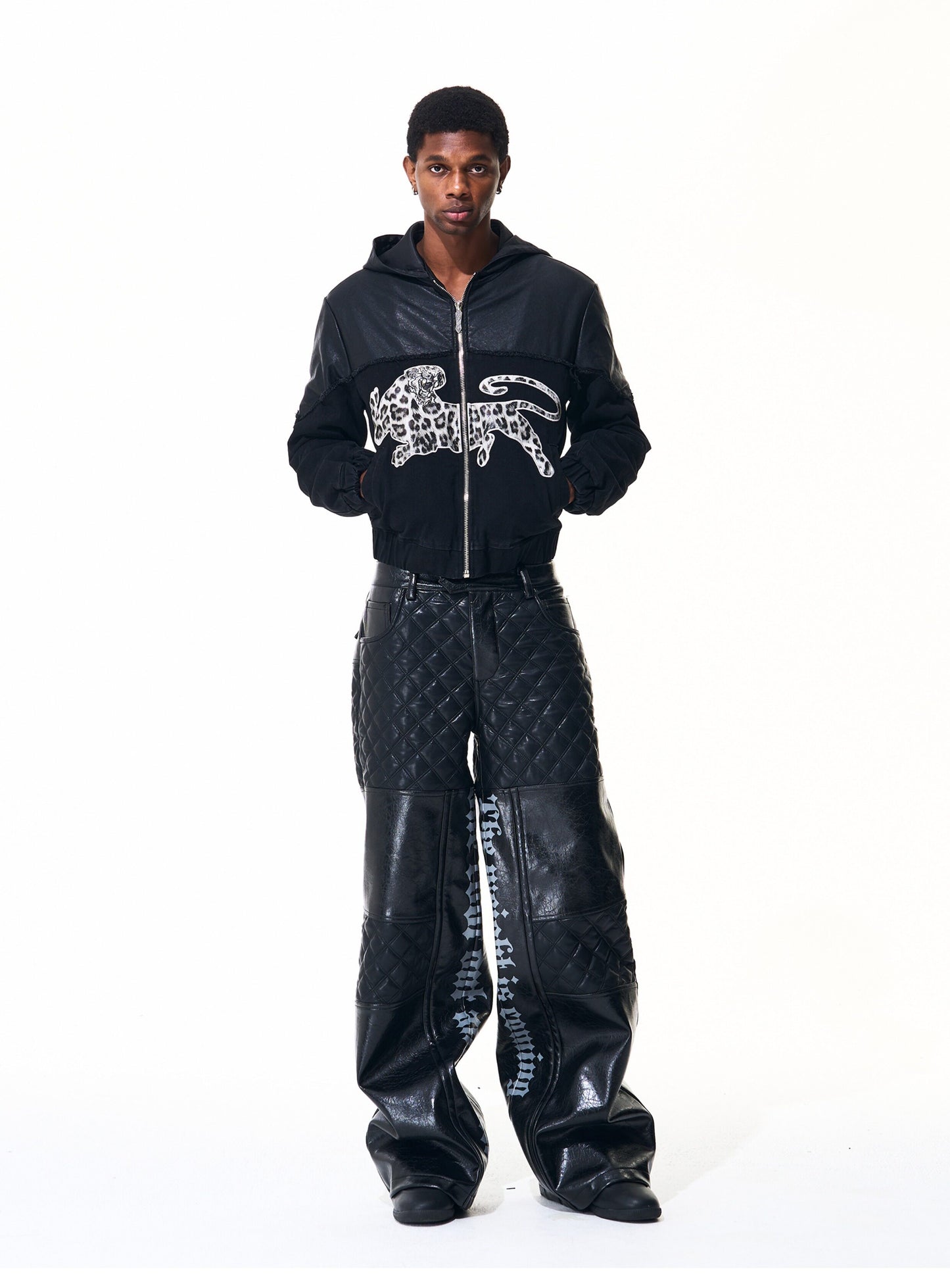 Diamond-pattern coated leather pants