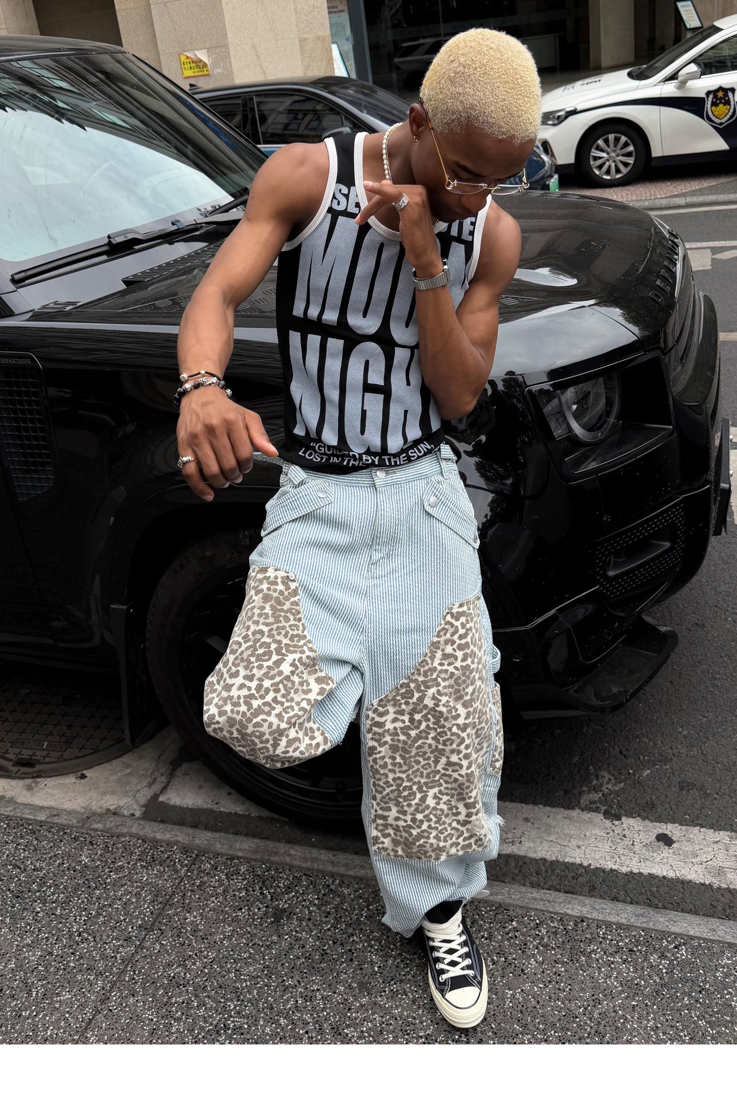 Leopard-Print Patchwork Denim Shorts