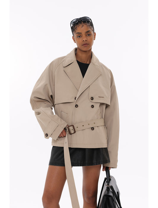 Drop shoulder silhouette Maillard style lapel short trench coat