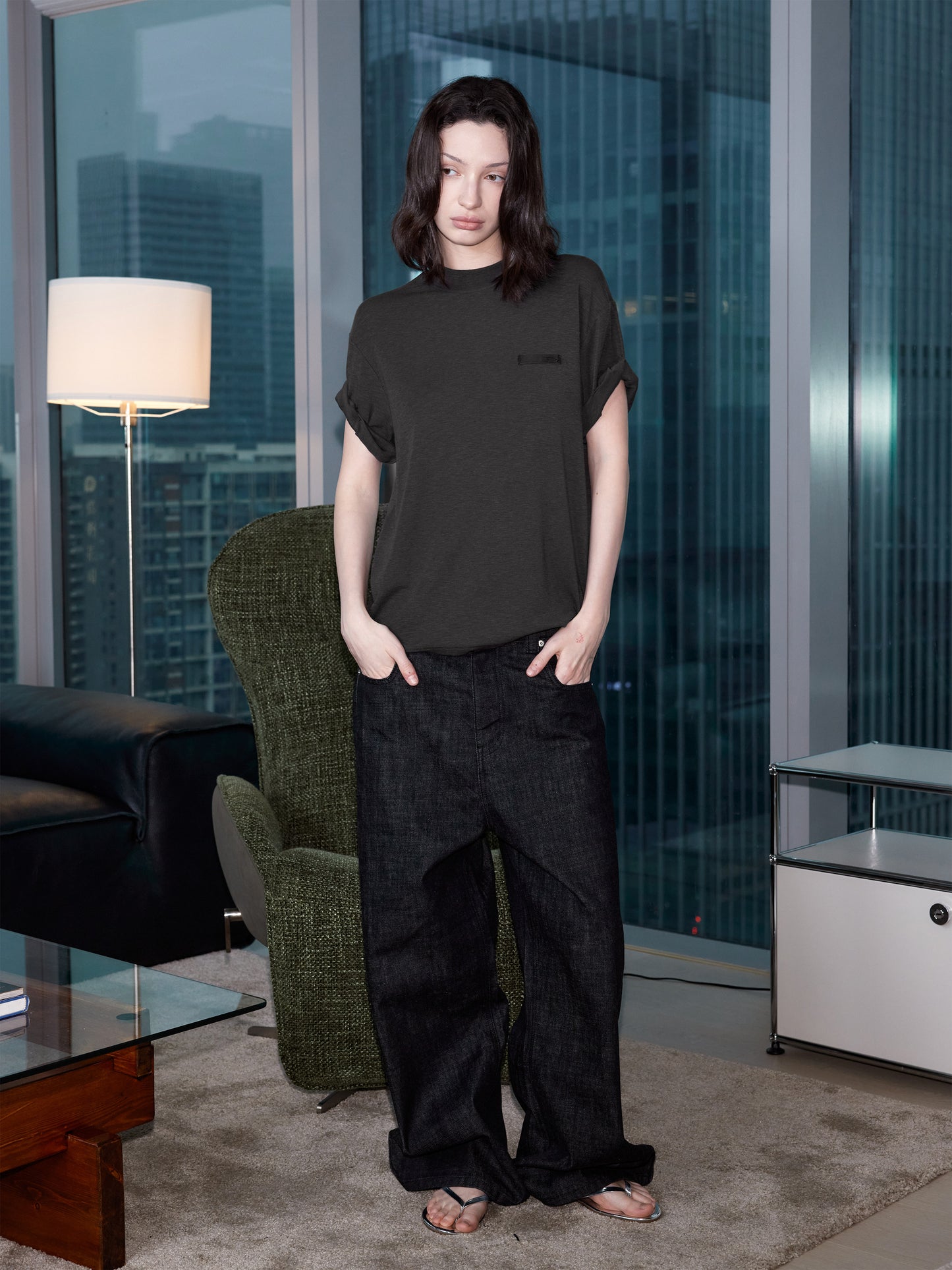 Roll-Sleeve T-Shirt with Leather Label
