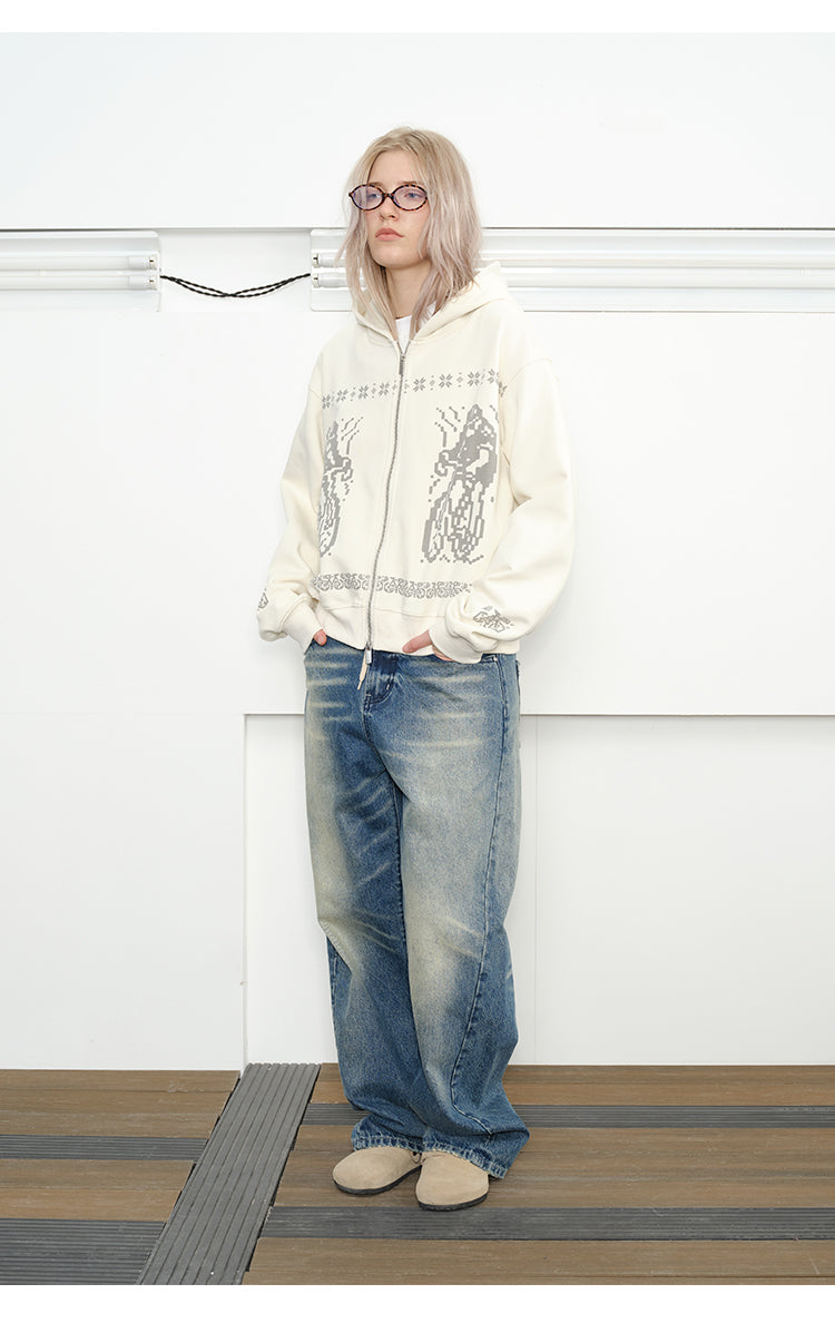 Printed Hooded Zipper Sweatshirt