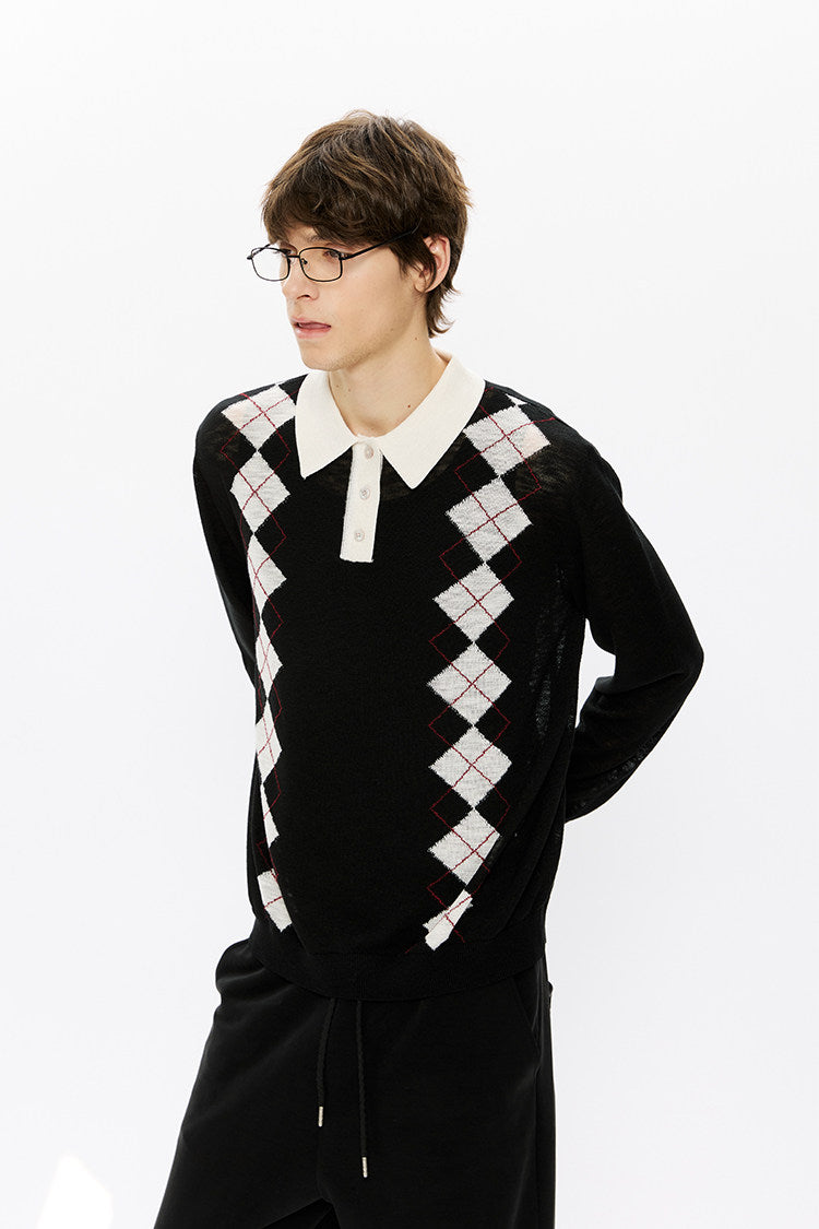 Diamond-pattern knit polo shirt