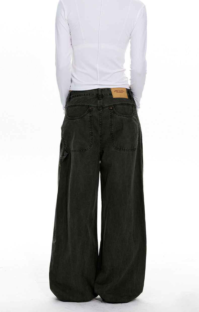 Wash-processed distressed loose denim pants