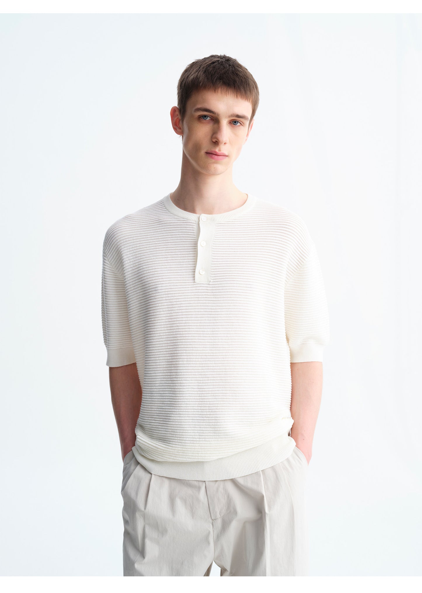 Henry-Neck Wool-Look Short-Sleeve Shirt