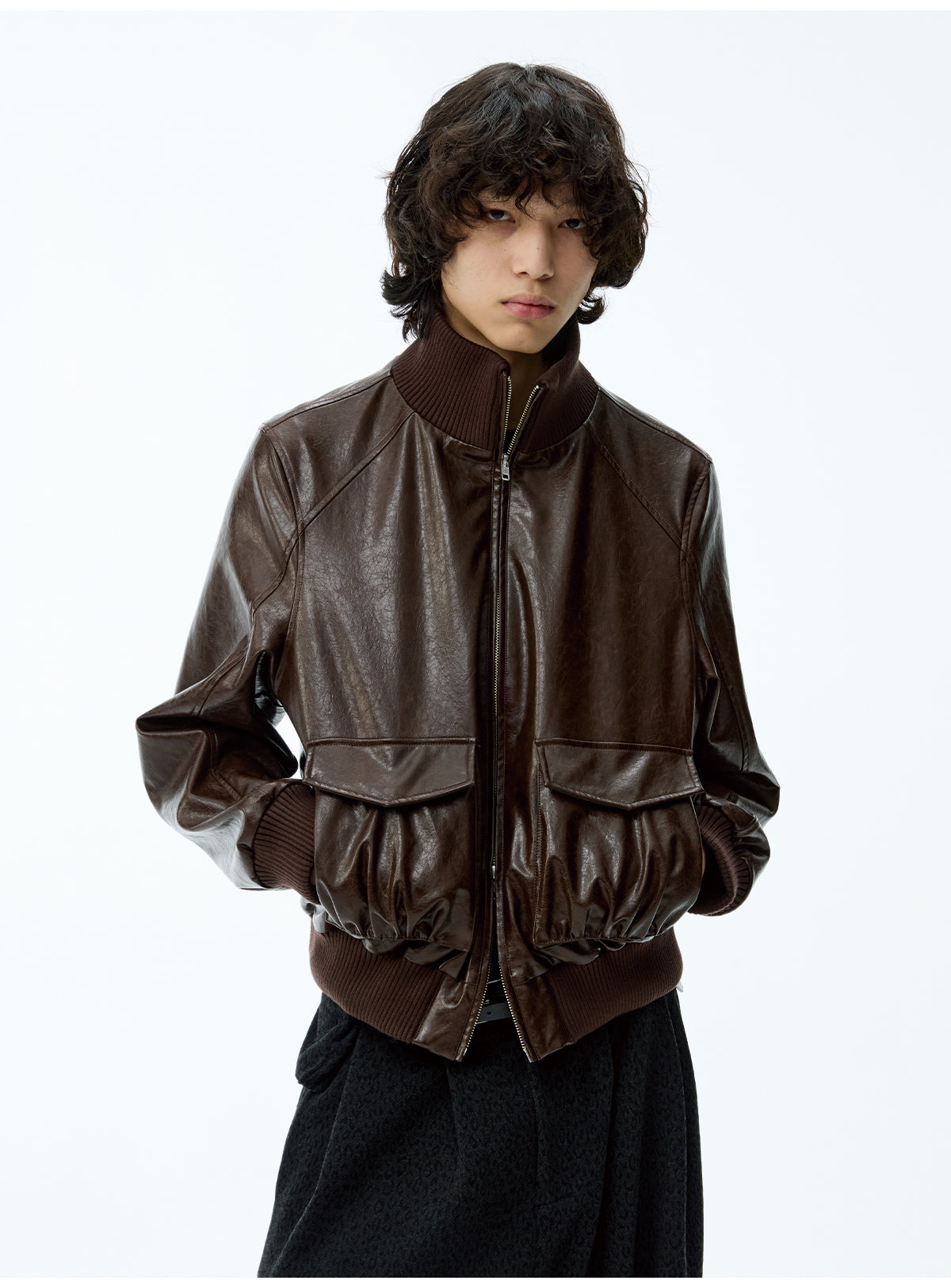 Pleated Short Leather Jacket