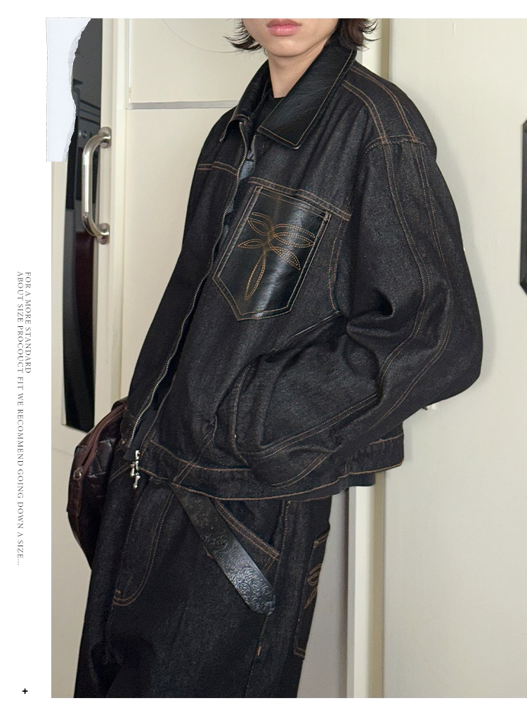 크랙트 레더 칼라 로 데님 재킷