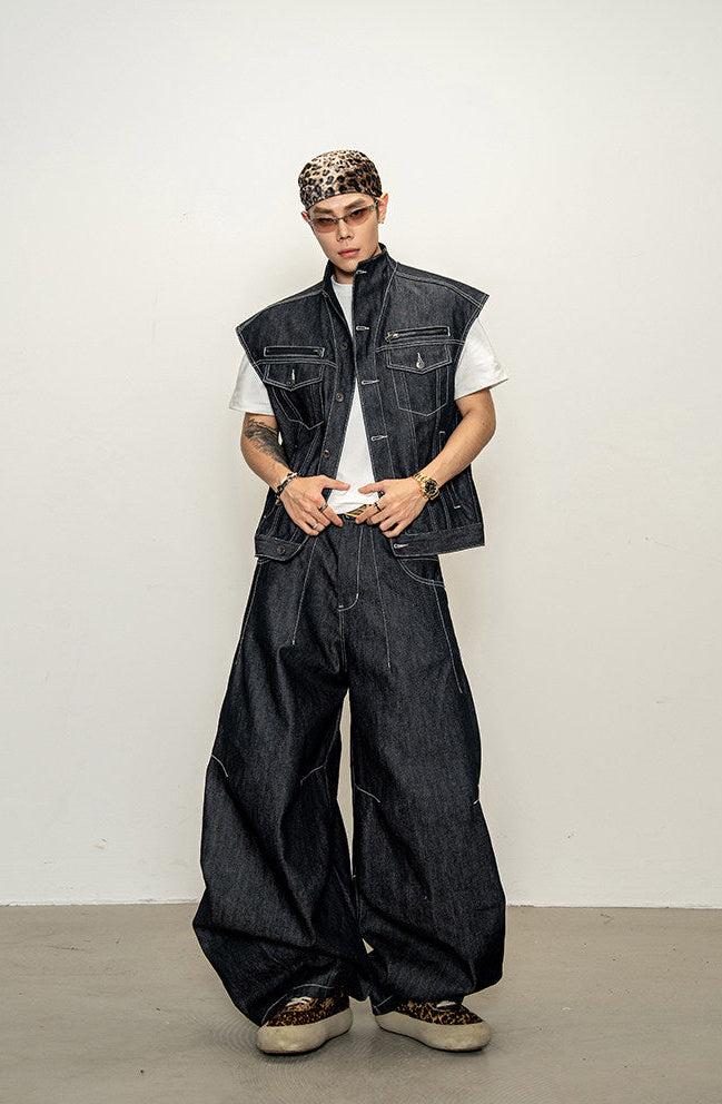 Lined Stand-Up Collar Denim Vest