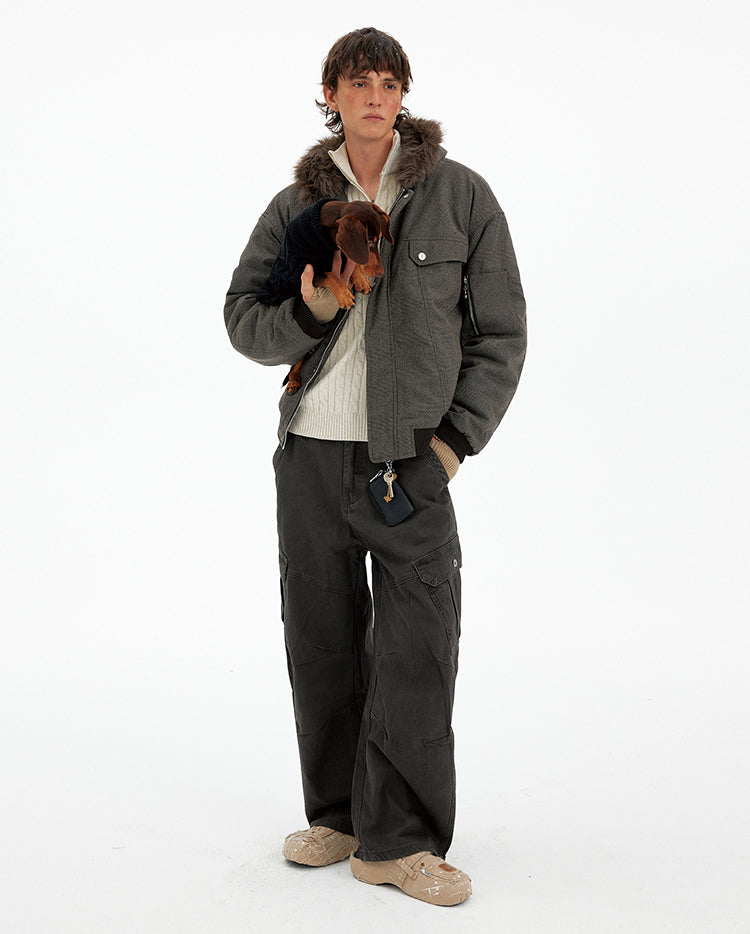 Houndstooth Fur Collar Cotton Jacket