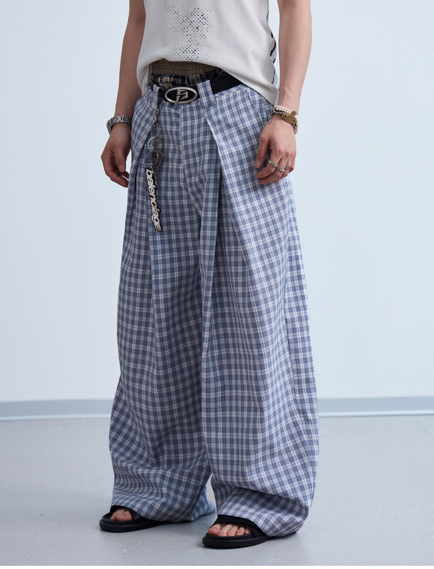 Checked wide-leg casual pants