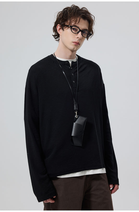 Cotton Blend Henley Collar T-Shirt