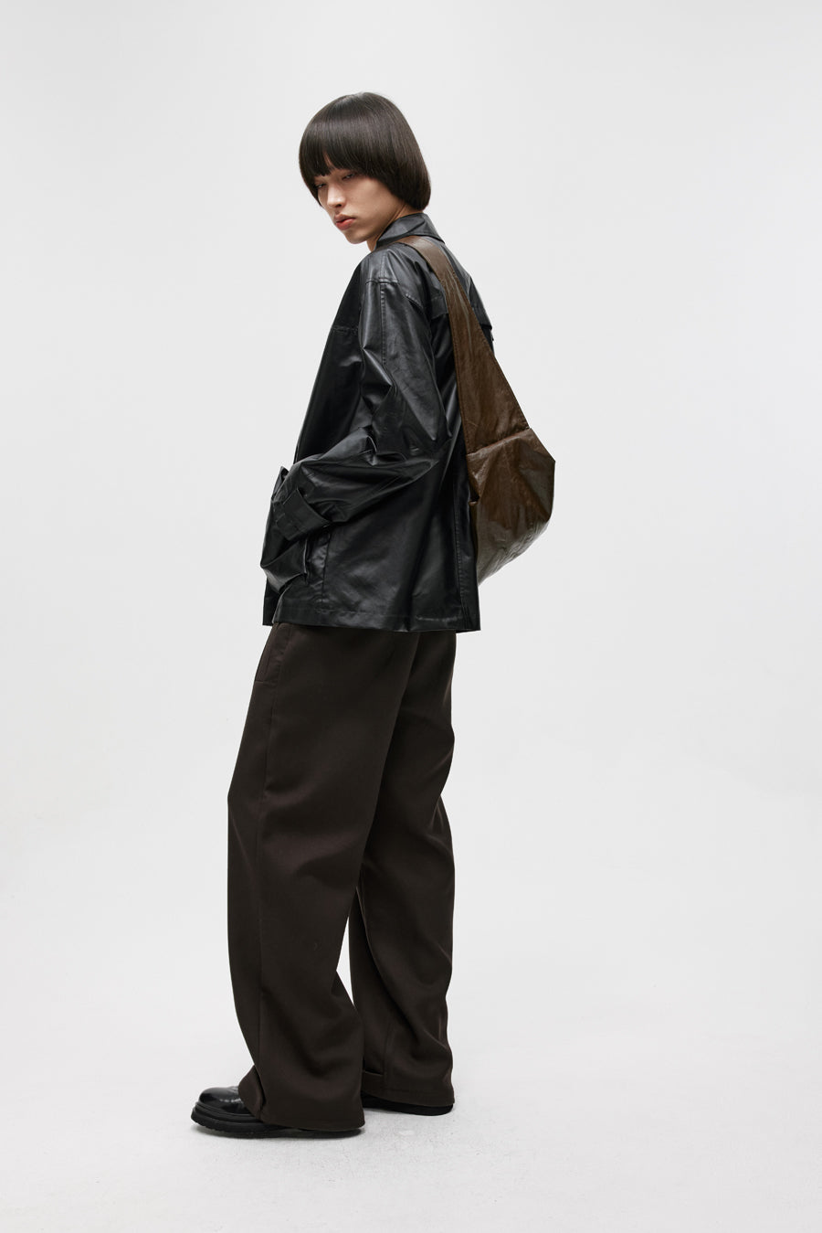 Imitation leather mid-length jacket