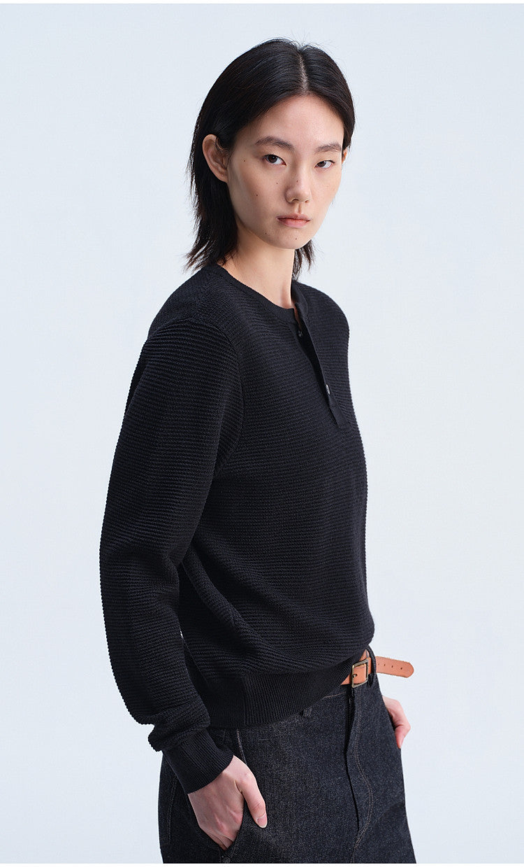 Henry-Collar Button-Down Shirt