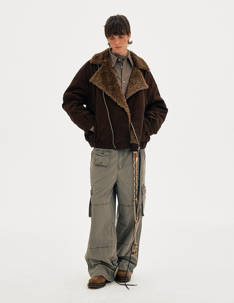 Diagonal Zipper Lambswool Collar Cotton Jacket