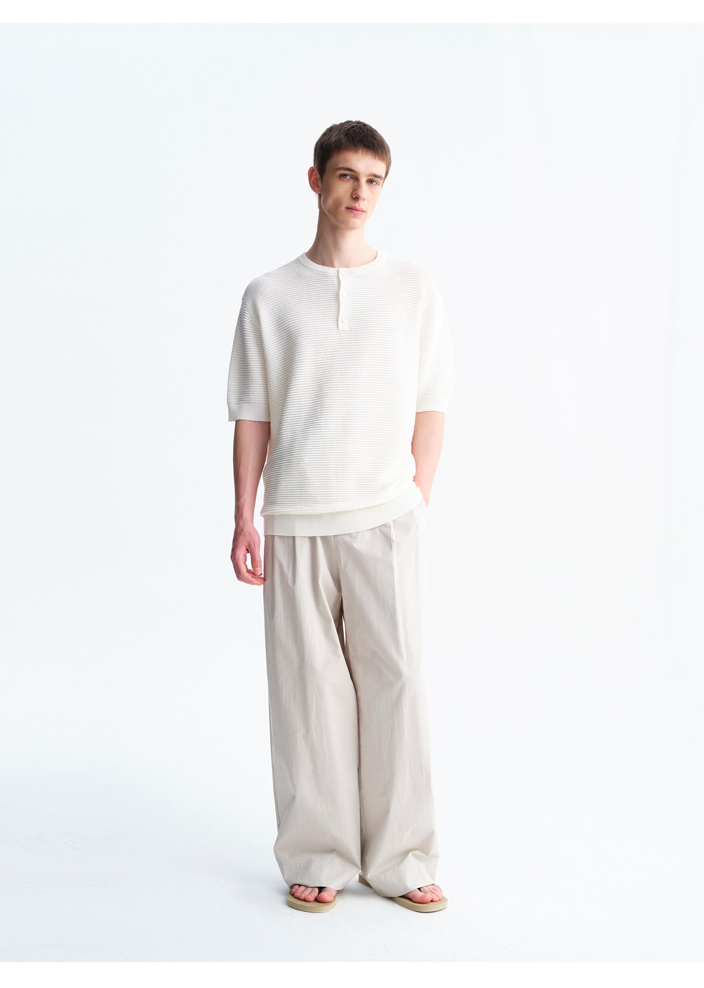 Henry-Neck Wool-Look Short-Sleeve Shirt