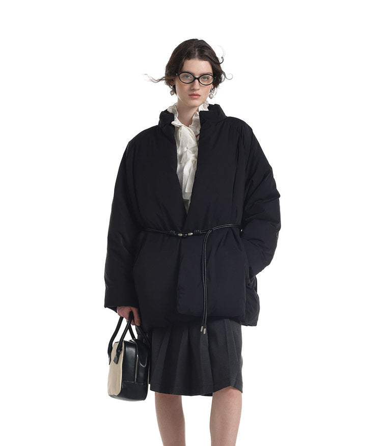 Mid-length down jacket with belt