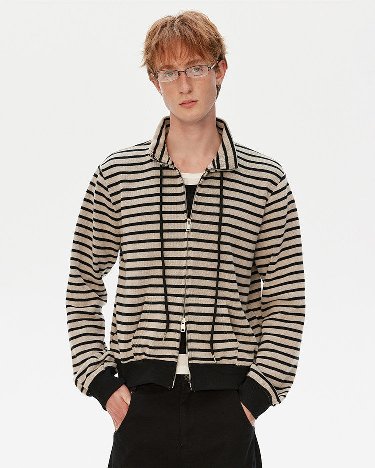 Striped Stand Collar Zipper Cardigan
