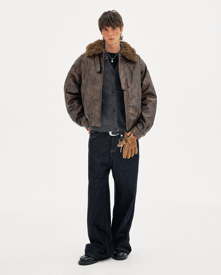 Padded Distressed PU Leather Jacket