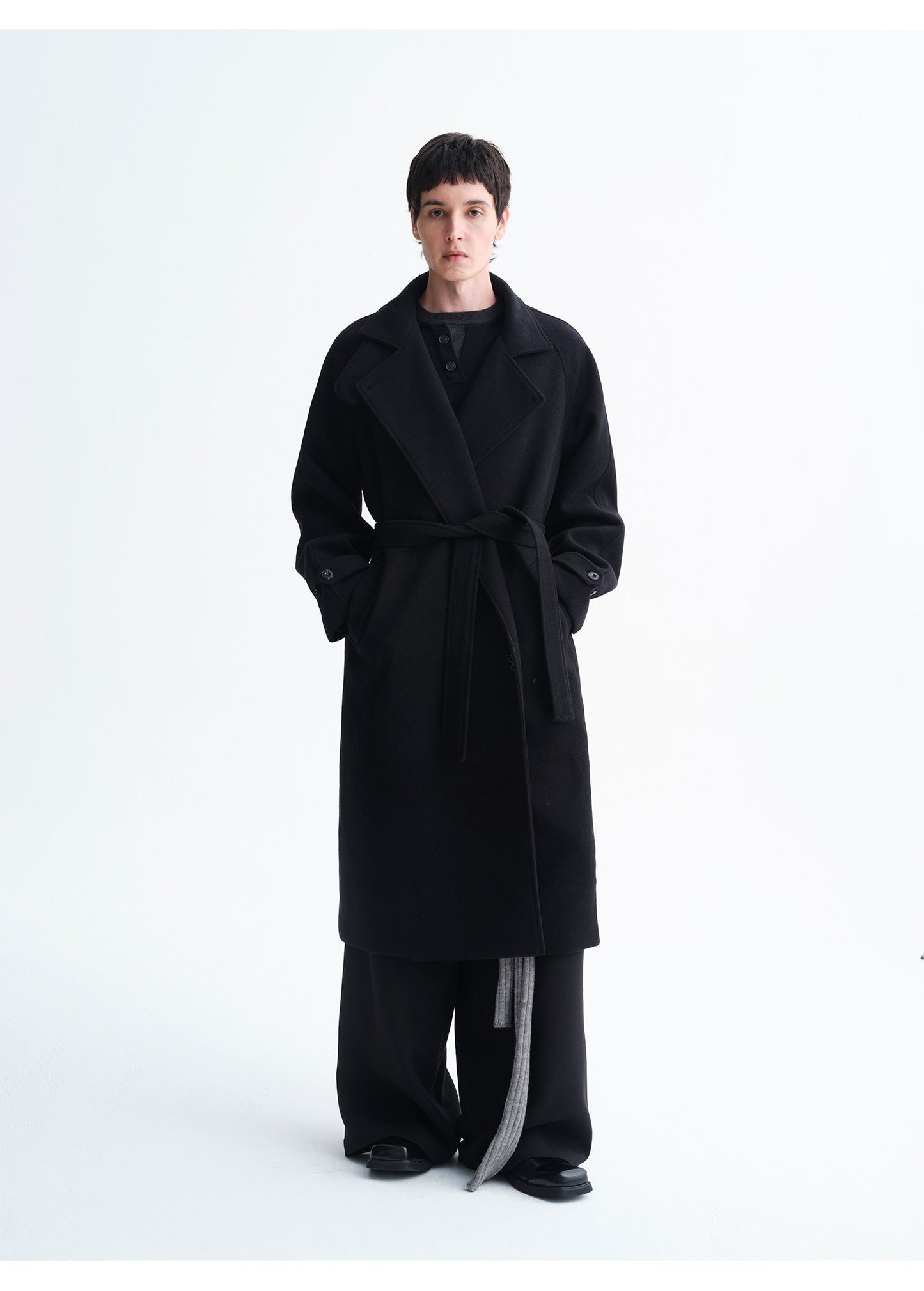 Wool-Blend Stand Collar Long Coat