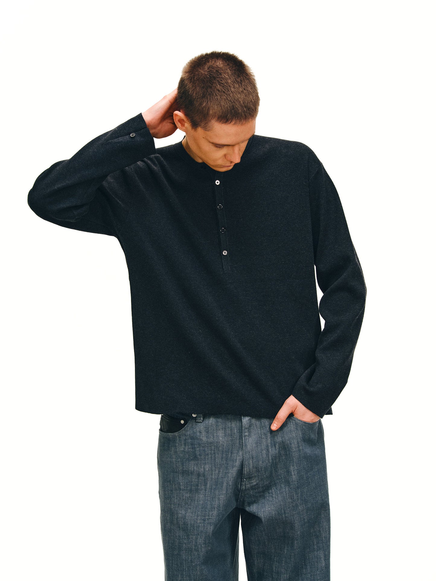 Henry Collar Button-Up T-Shirt