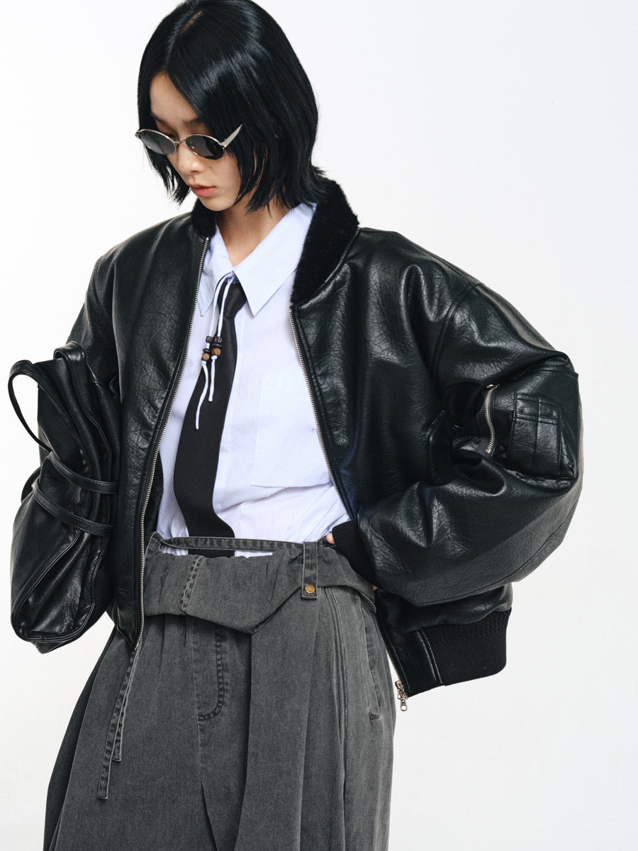 Stand collar faux leather jacket