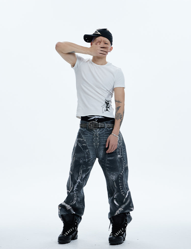 Oddly shaped pipe digital print Jeans