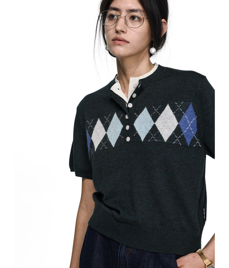 School Style Diamond Pattern Sweater