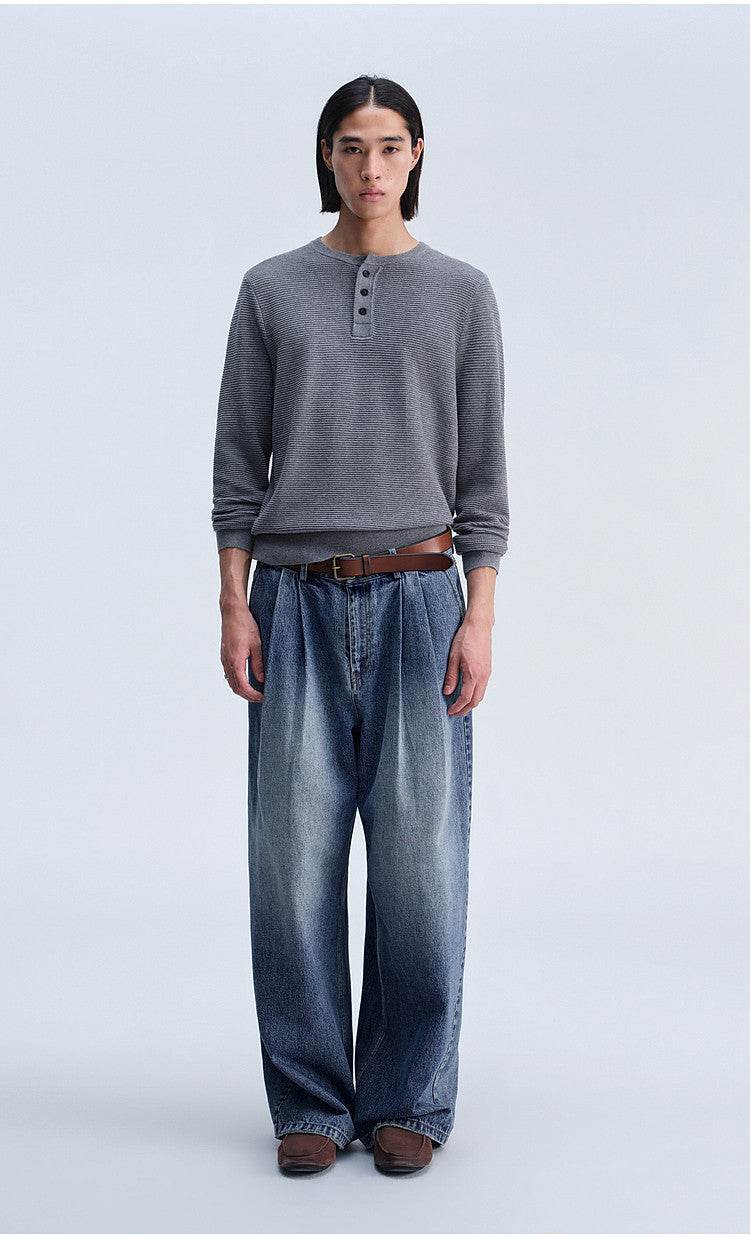 Henry-Collar Button-Down Shirt