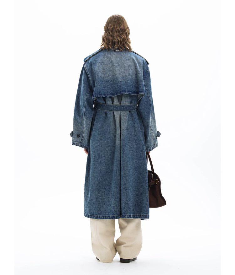 Double-breasted denim long coat