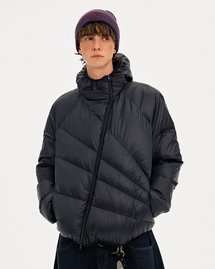 Diagonal Zipper Hooded Lightweight Down Jacket