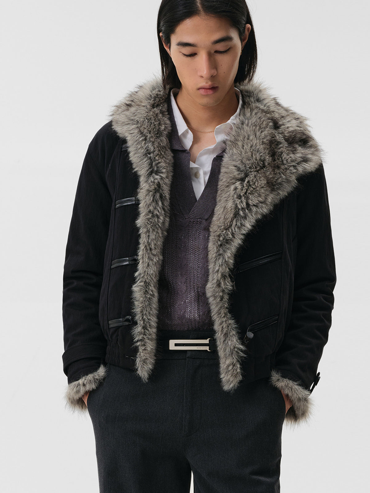 Leather-Laced Cow Horn Button Fur Jacket