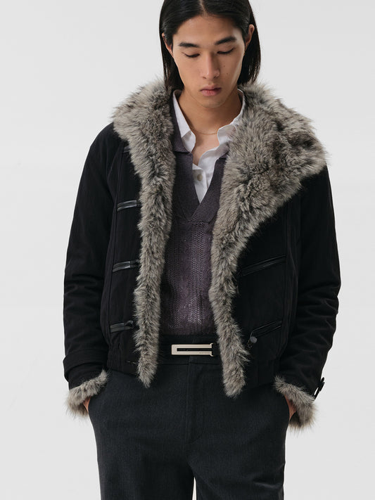 Leather-Laced Cow Horn Button Fur Jacket