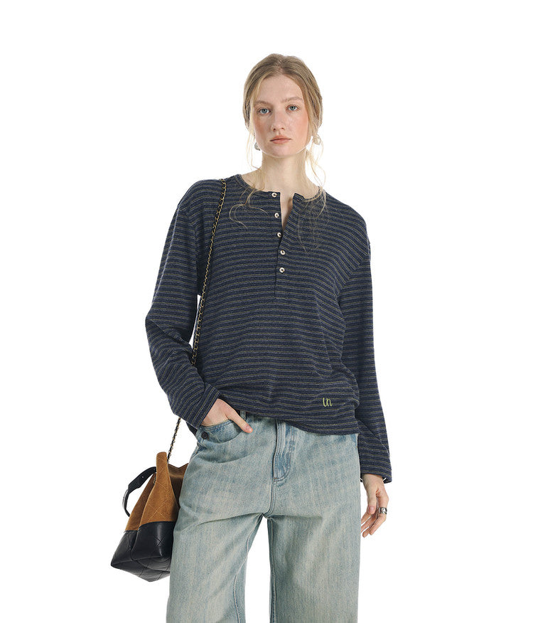 Striped Henley Collar T-Shirt