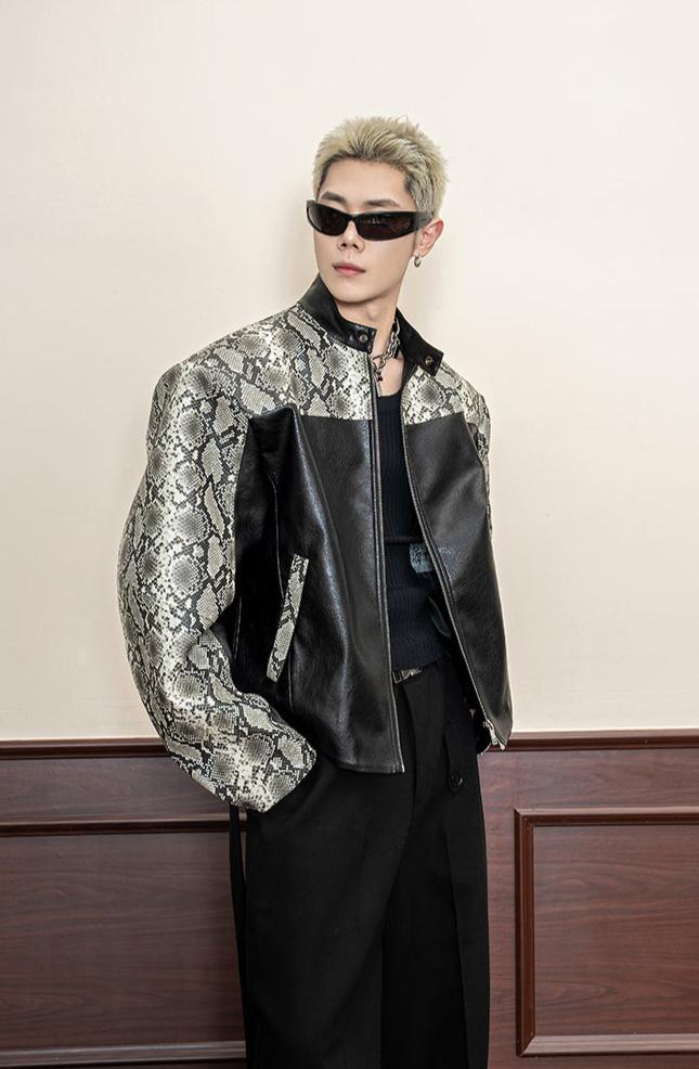 Snakeskin Patterned Scimitar Sleeve PU Leather Jacket