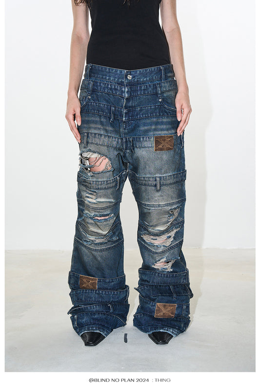 Patchwork Damage Wash Denim Pants