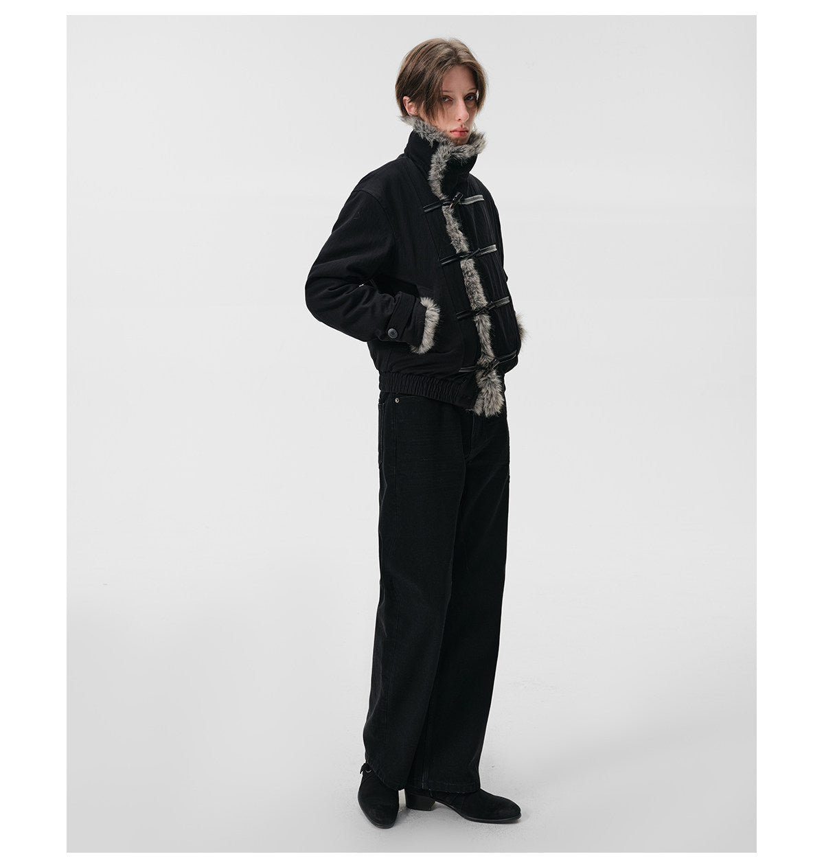 Leather-Laced Cow Horn Button Fur Jacket