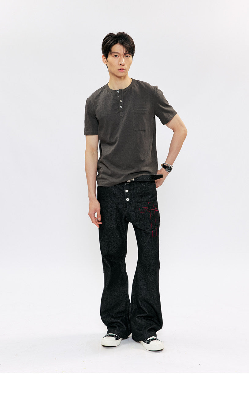 Henry Collar Casual Shoulder Slim T-Shirt