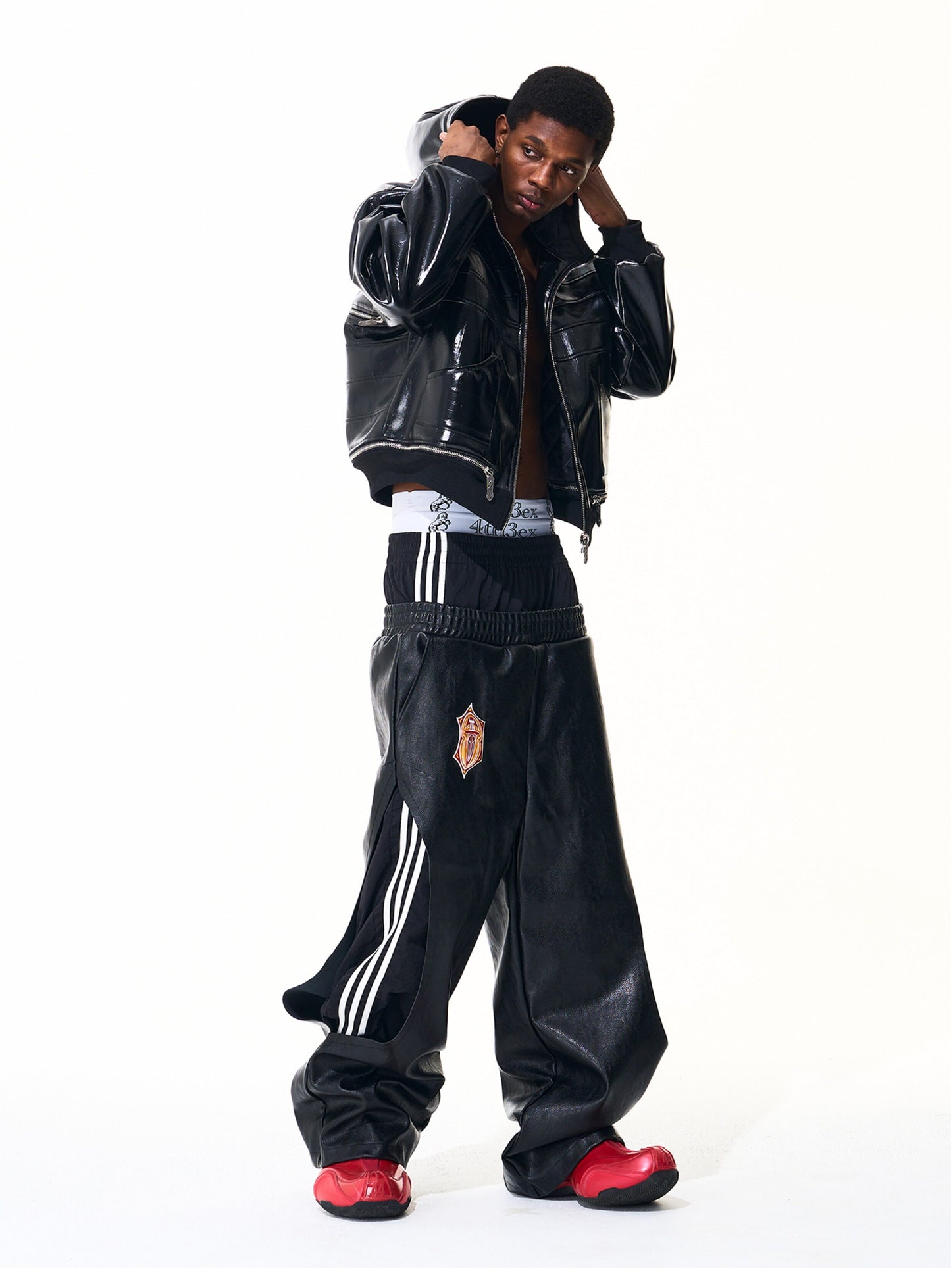 Striped Double-Waist Leather Pants