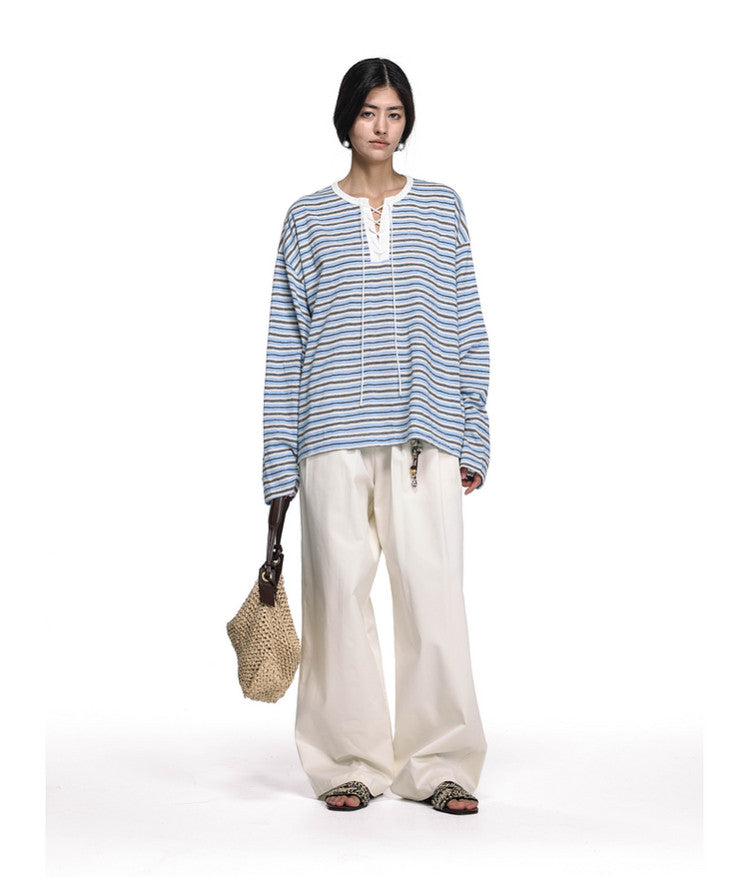 Drawstring Tie Henley Collar T-Shirt