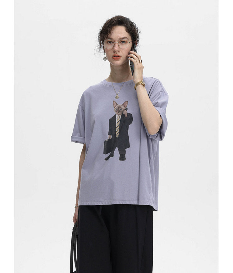 Cat-Print Soft T-Shirt