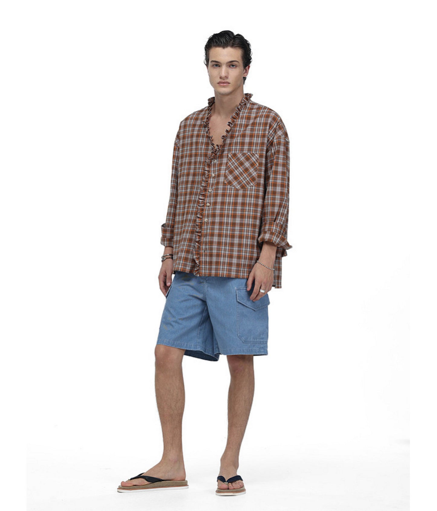 Textured V-Neck Checkered Shirt
