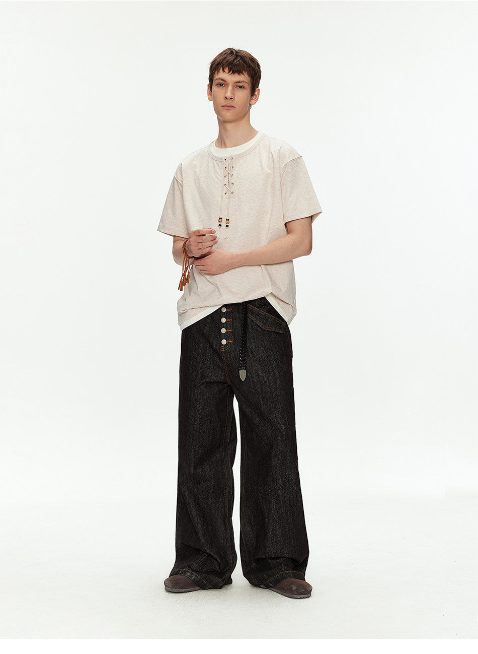 Off-Shoulder Fake Two-Piece T-Shirt with Beads