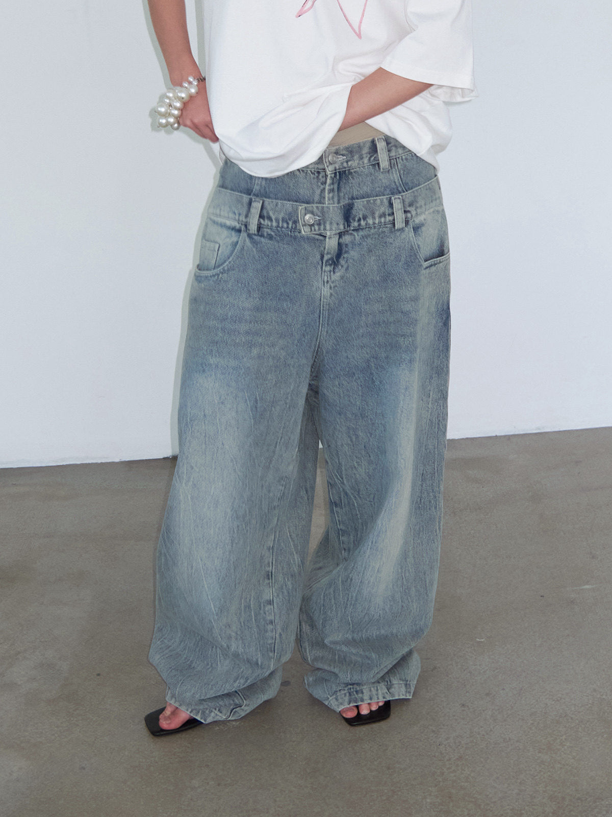 Casual Fake Two-Piece Mid-Low-Waist Jeans