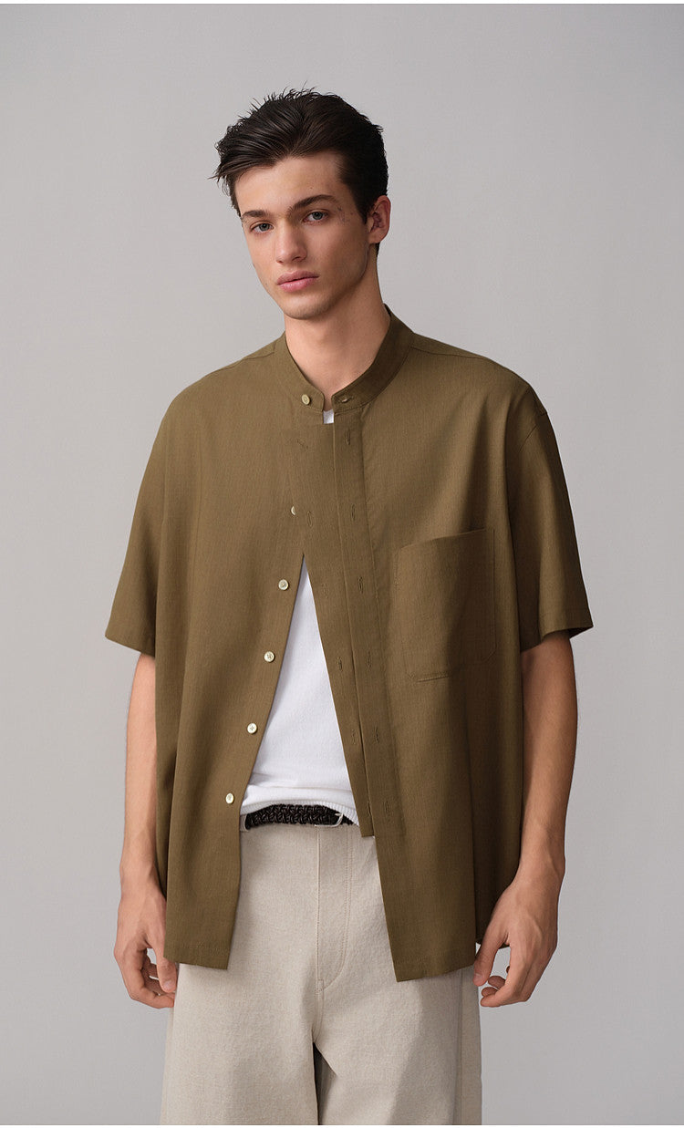 Casual Shirt with Stand-Up Collar and Pockets