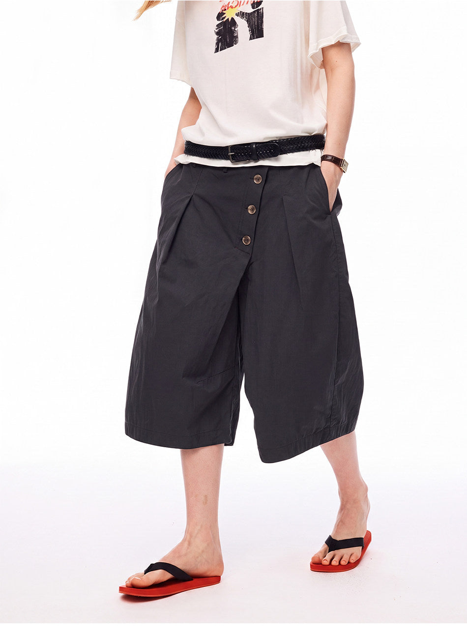 Shorts with a Diagonal Front Placket and Buttons