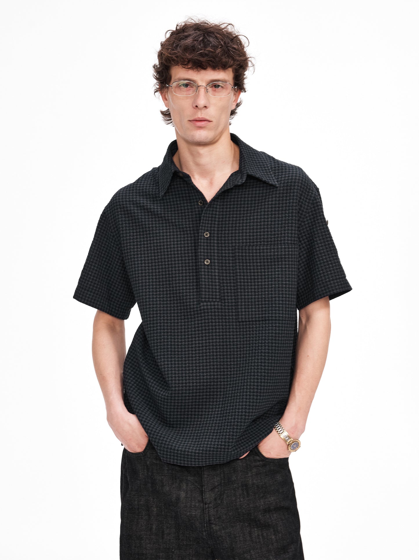 Half-Button Bubble Check Shirt