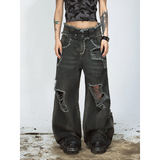 Raw-edge Washed Ripped Jeans