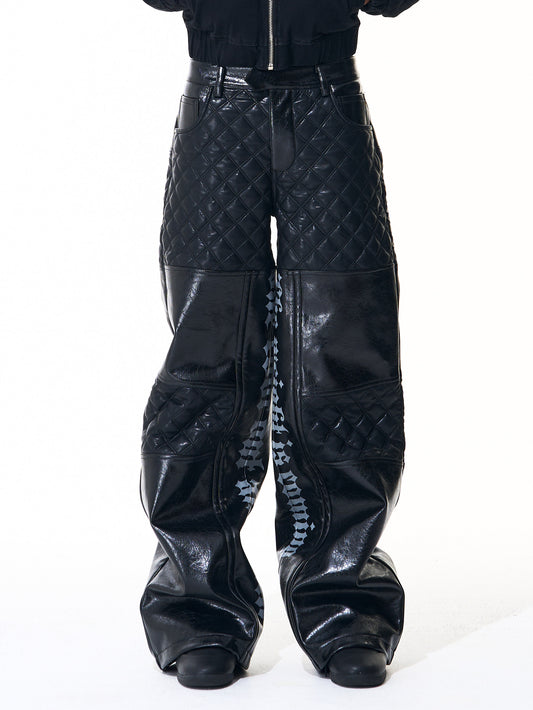 Diamond-pattern coated leather pants